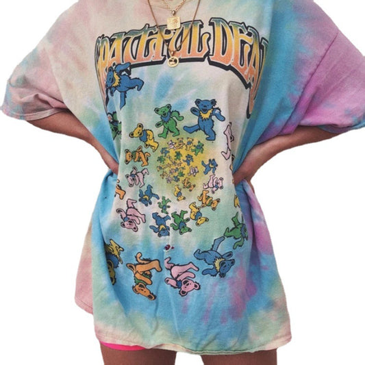 Women's round neck short sleeve bear print loose T shirt